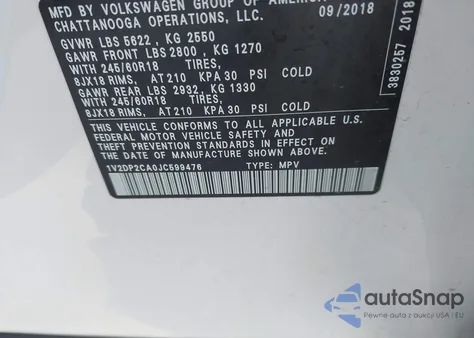 2018 Volkswagen Atlas 2.0T Se/2.0T Se W/Technology из США, поврежденный, VIN 1V2DP2CA0JC599476